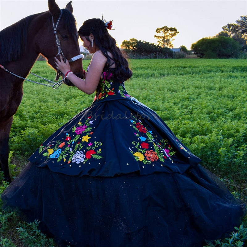 Vintage Black Mexican Quinceanera Dress With Colorful Embroidery Elegant Tulle Charro Sweet 16 Birthday Party Vestido De 15 Xv Anos Gothic Debutante F