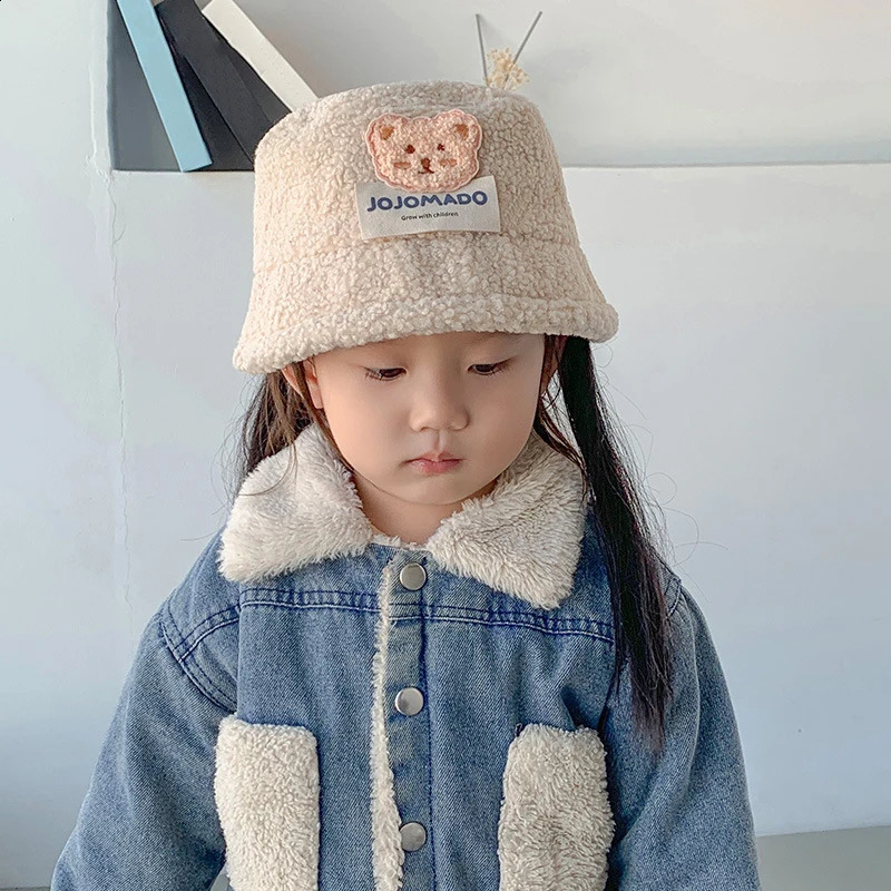 Cute Bear Childrens Basin Hat Winter Baby Plush Fishermans 210 Years Thick Cashmere Windproof Warm Bucket Pad 240925