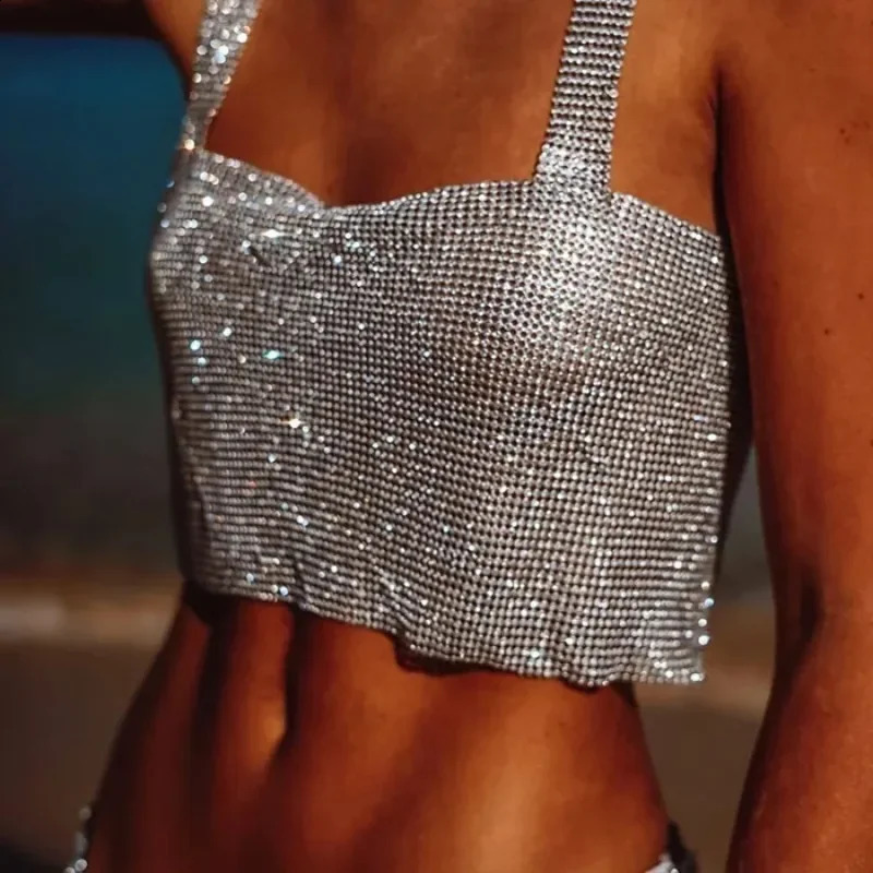 Bling Rhinestones Party Crop Top 2024Fashion Solid Backless Straps Full Diamonds Sequins Cami Cropped Top for Women 240926