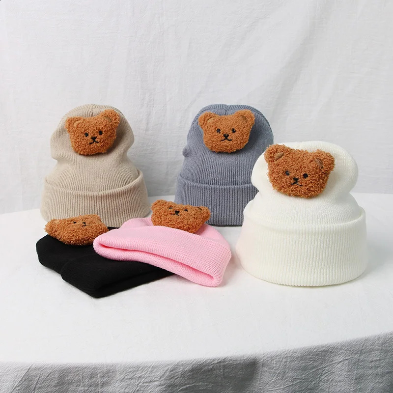 Korean cartoon bear baby hat cute solid color born bean girl boy autumn toddler knitted 240925