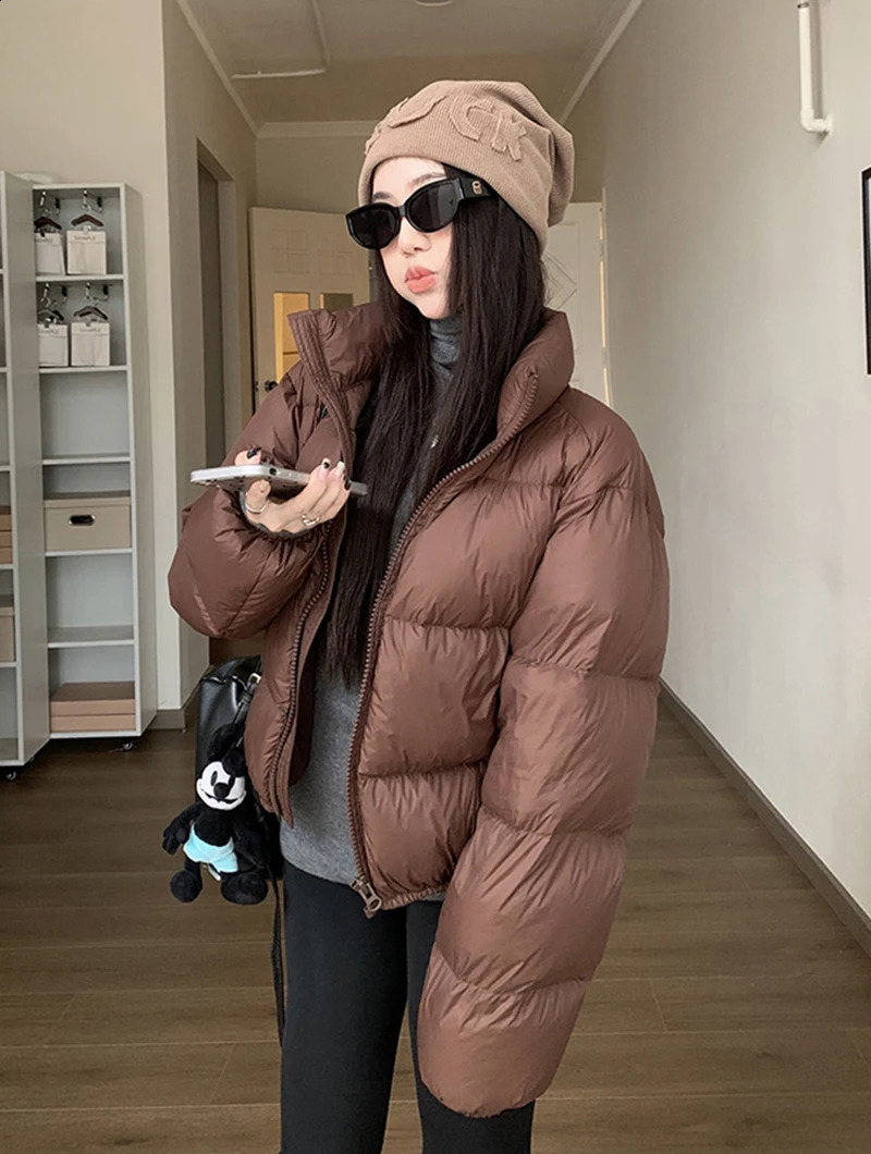 Zoki Vintage Women Streetwear Puffy Coats Winter Warm Long Sleeve Korean Parkas Casual Solid Simple Cotton Padded Down Jackets 240918