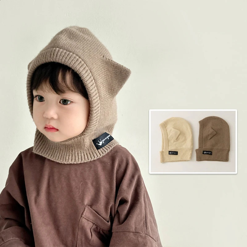 Cartoon Baby One Piece Hat Scarf Winter Warm Knitted Ear Protection Bean Cute Solid Color Childrens Balaclava 240925