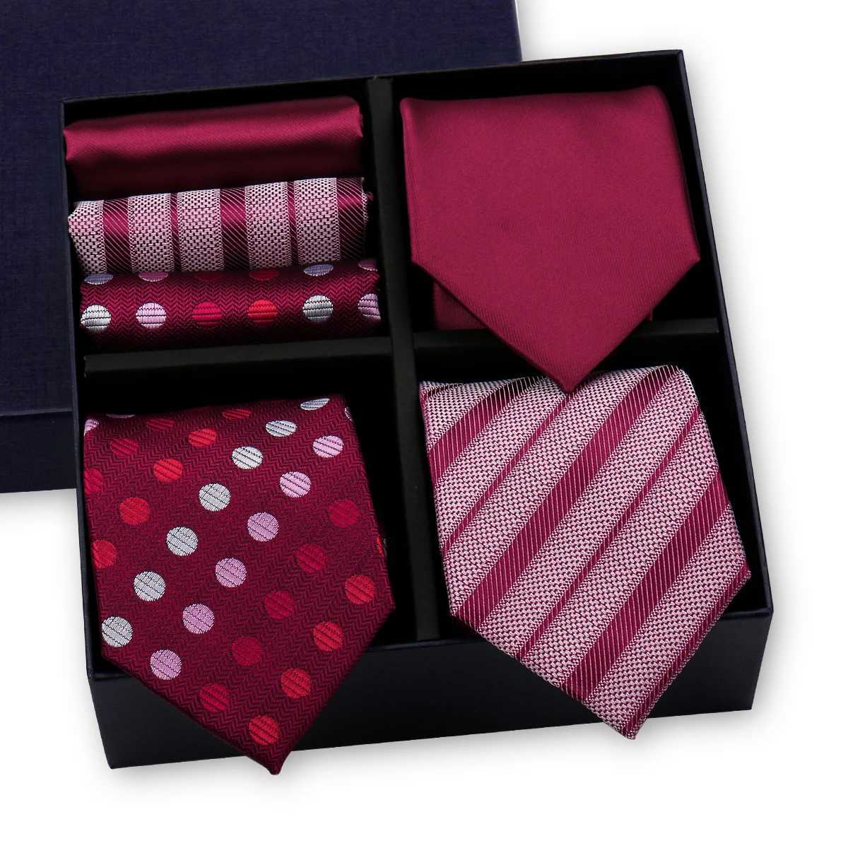 2024 New Mens Gift Box Tie Fashion Burgundy Chest Printed Business Stripe Necklace Pocket Squeezing 3 Sets Cbination Set Y240925
