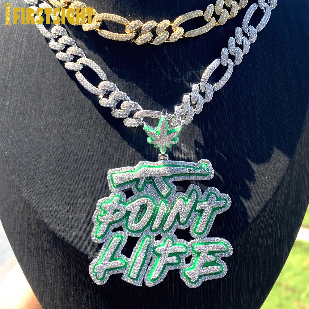 Iced Out Bling Hip Hop CZ Letter Point Life Pendant Necklace Zircon Fluorescenc AK47 Guns Charm Men Jewelry 240918