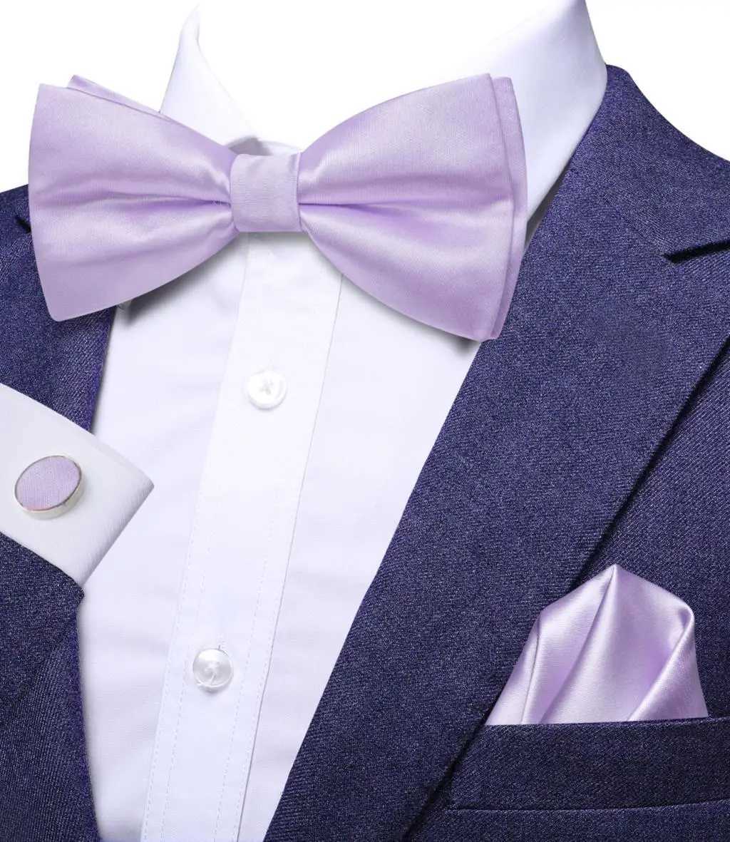 Hi tie solid lilac mens bow Hankerchief cufflinks pre tied silk bow M business party set Y240925