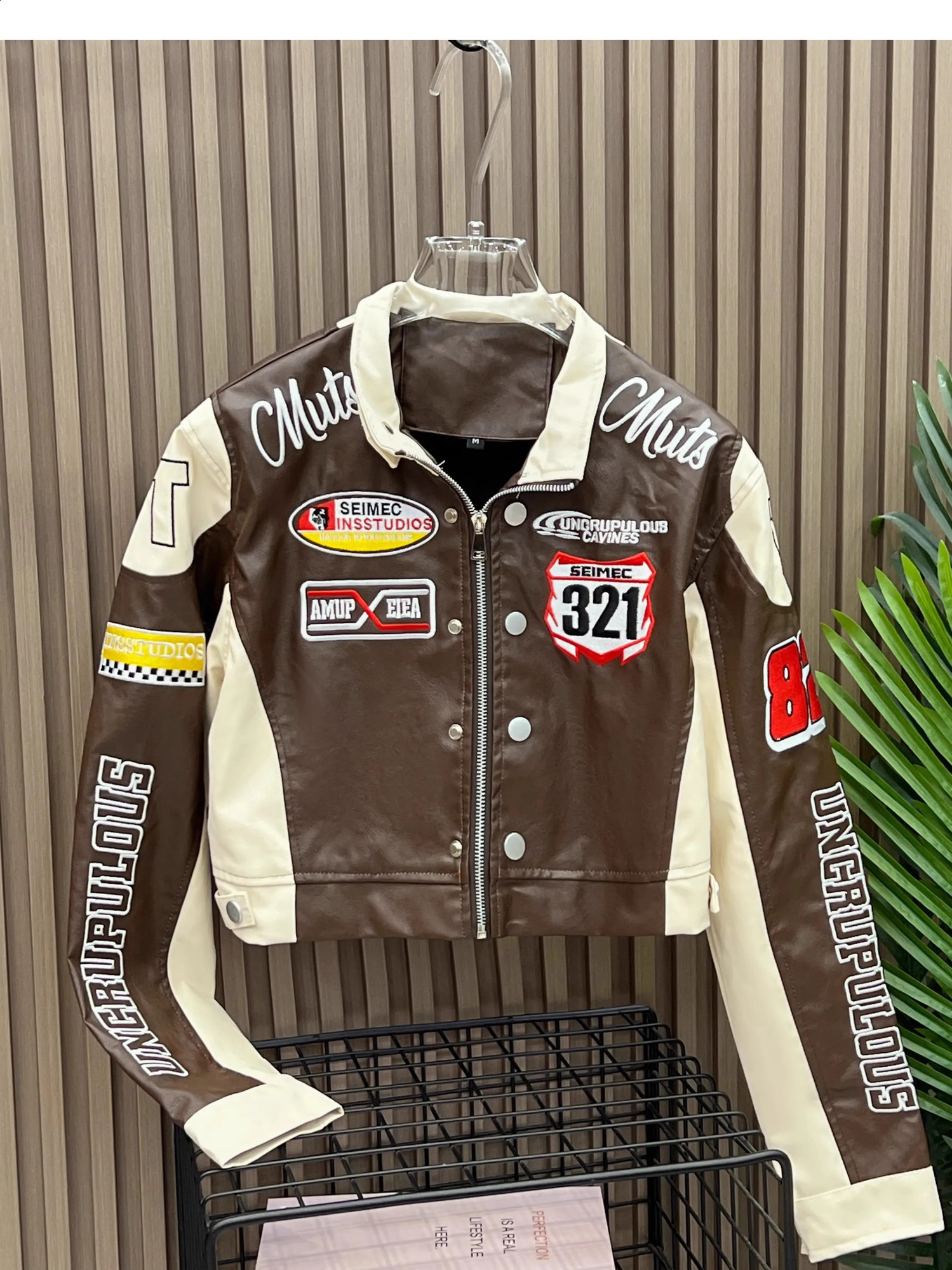 American retro letter embroidered motorcycle cut jacket womens PU leather street style racing baseball short jacket 240926