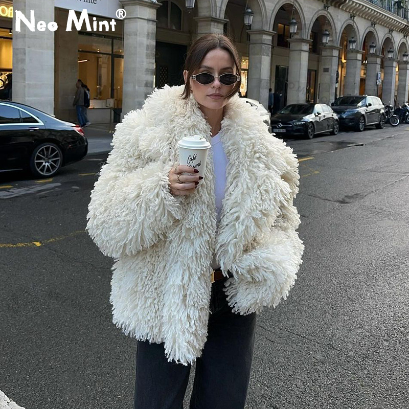 Neo Mint 2024 Winter Elegant Lapel Faux Coat Women Blogger Brand Fashion Loose Solid Outerwear Curly Hairy Fur Jacket Female