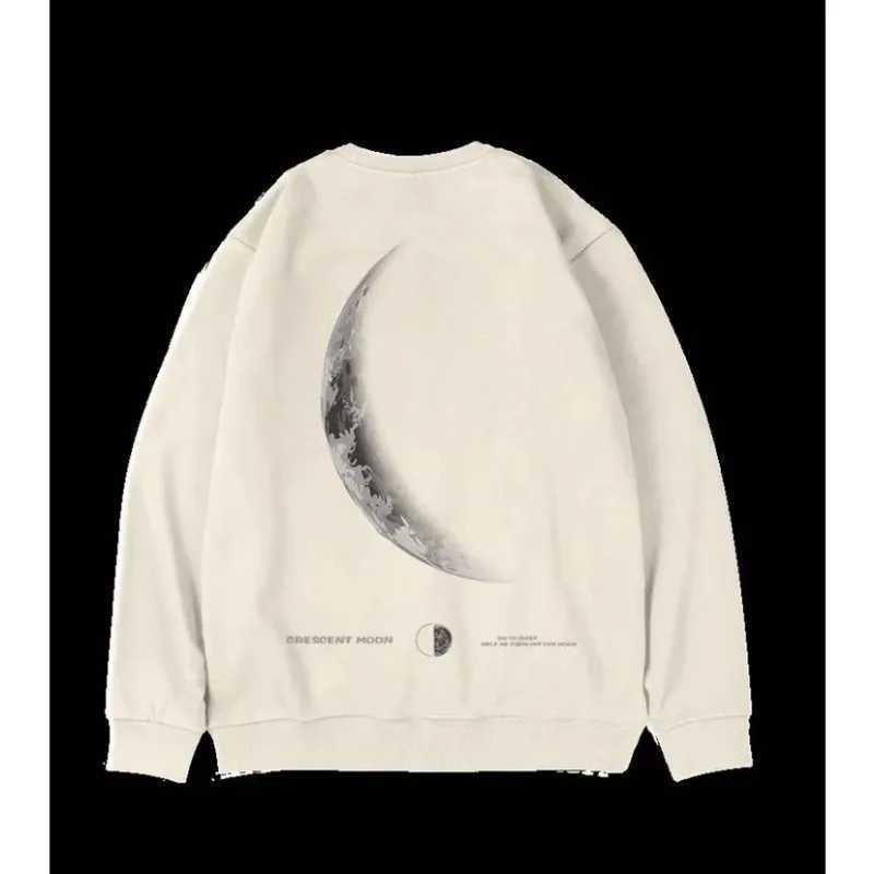 M-8XL Mens Street Sickle Moon Print Oversized Student Leisure Unisex Sweatshirt American Retro Youth Round Neck Sweater XJ250621