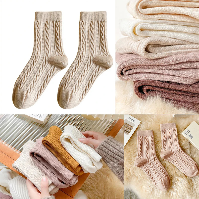 5 pairs of cashmere wool womens winter thick warm black and white set socks Japanese style simple solid color 240925