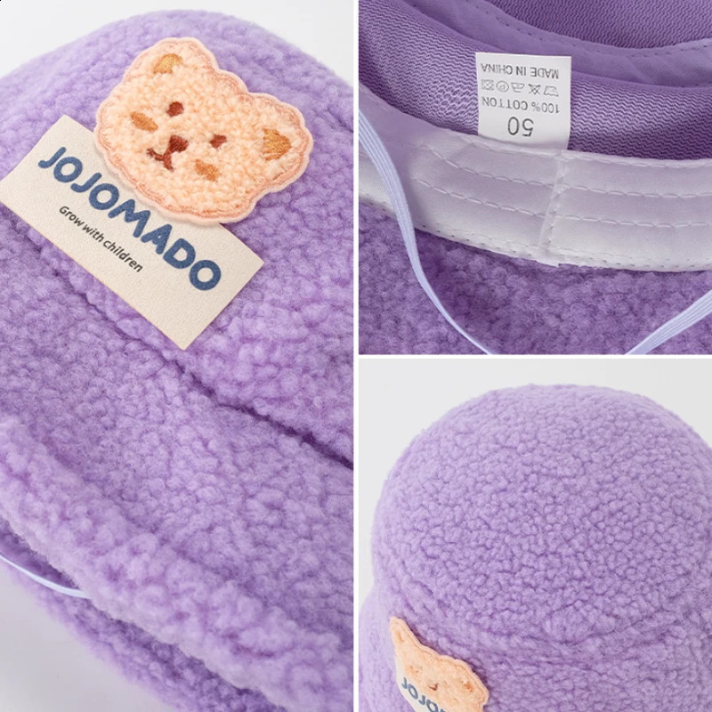 Cute Bear Childrens Basin Hat Winter Baby Plush Fishermans 210 Years Thick Cashmere Windproof Warm Bucket Pad 240925