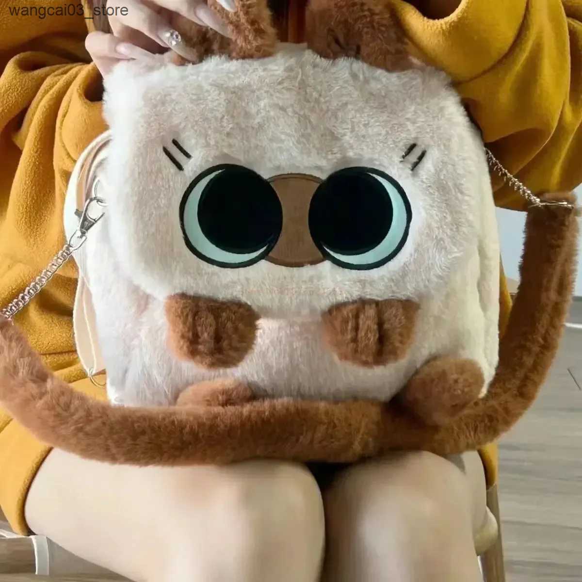 Backpacks Plush Cartoon Siamese Cat Backpack Simplicity Large Capacity Campus Bag Commuting Flip Cover Diagonal Span Bag Soft Girl Gift L240910