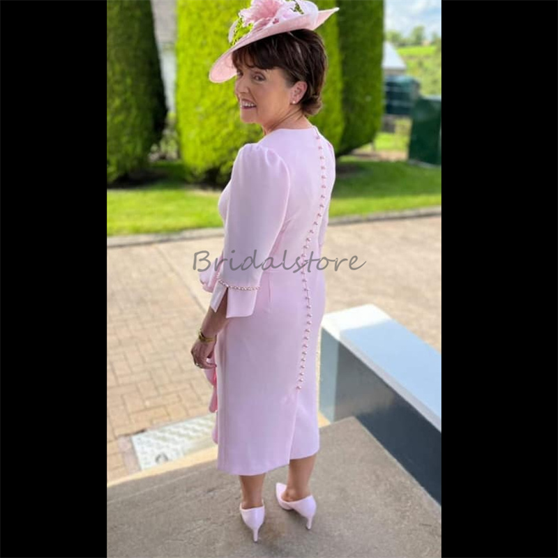 Fashion Pink Mother Of The Bride Dress With Sleeves Elegant O Neck Beaded Tea Length Wedding Guest Dress Chiffon Short Evening Groom Mom Birthday Part