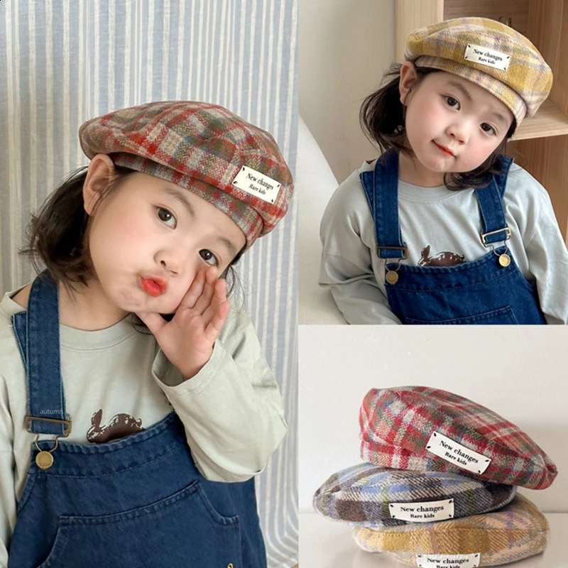 Fashion retro wool autumn winter patch work flat top boy and girl street clothing children artist paint hat 240925
