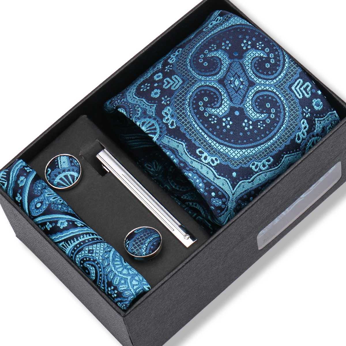 High quality 8cm mens tie set elegant jacquard necklace pocket square cufflinks tie with gift box suitable for weddings Y240925
