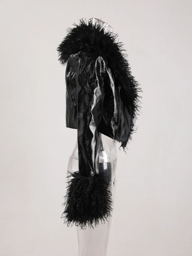 DEAT Fashion Womens Short Coat Flip Collar Simulated Sheepskin Gloss Patent Leather Patch Work Short Thin Coat Spring 11X6155 240923