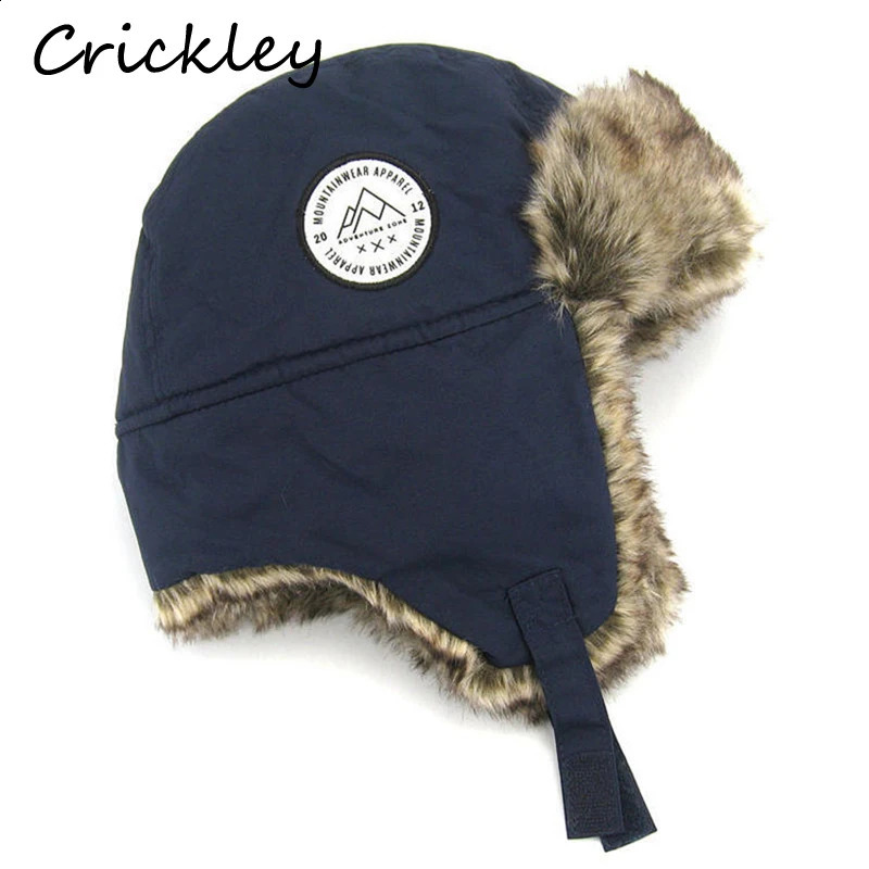 Winter windproof thick warm childrens Usaka snow hat soft plush bomber earmuffs Russian boys and girls pilot 240925