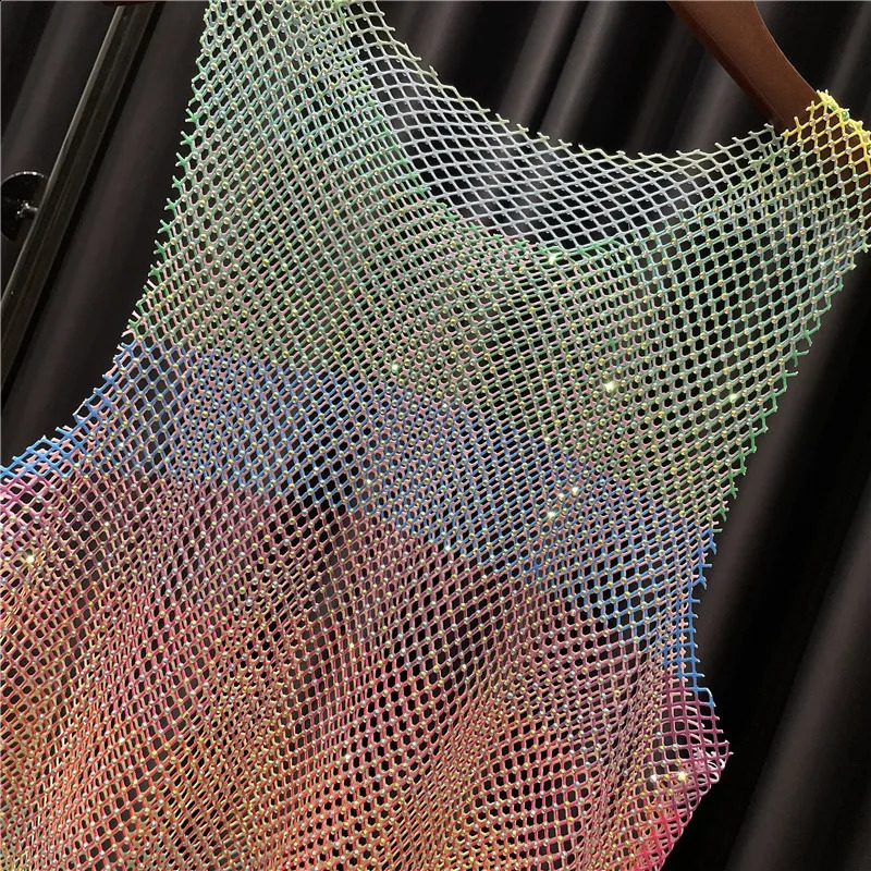 Women Men Neon Crystal Colorful Rhinestones Shiny Sexy Y2K RainbowTank Tops Party Club Sexy See Mesh Hollow Out 65cm long 240926