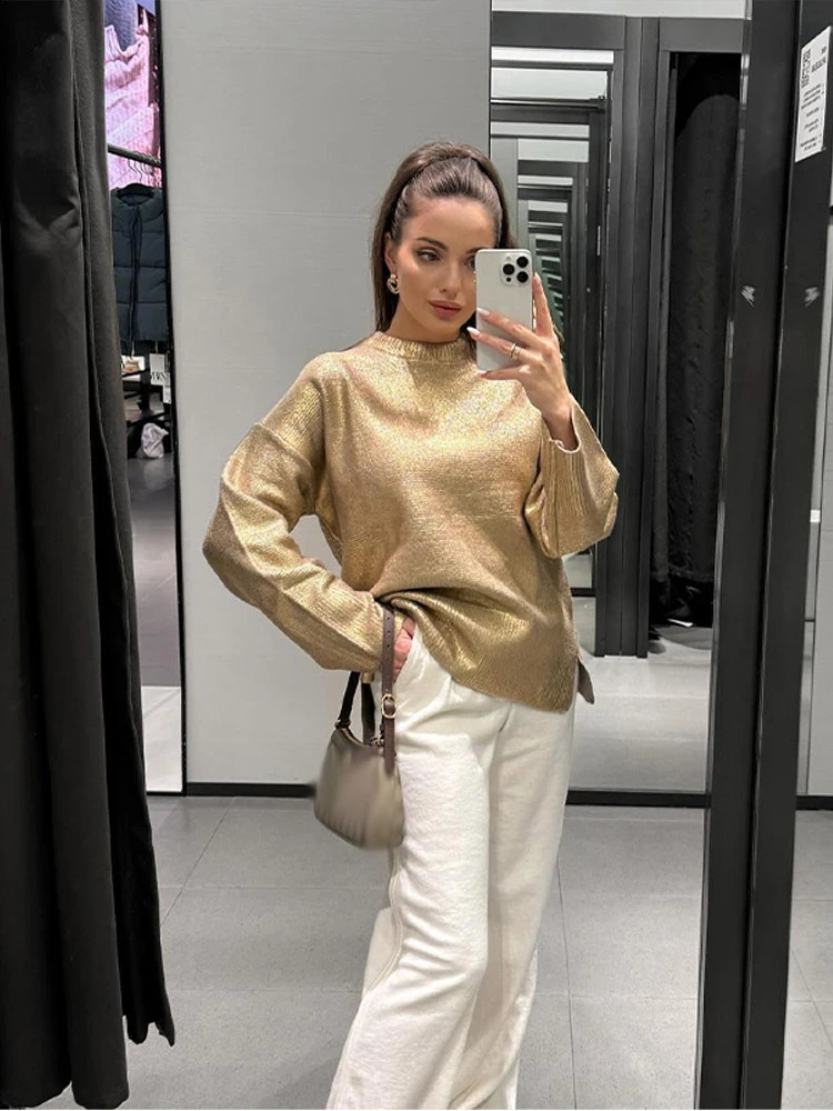 Knitted Solid Women Top Sweater Long Sleeve Split Female Pullover 2024 Autumn Fashion Loose O Neck Golden Female Shinny Sweaters 240925