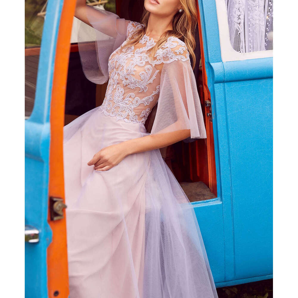 A-E Ful Evening O-Neck Appliques Lace Half Sleeve Or-Length Prom Gown Party Dress Vestido De Noite Custom Made