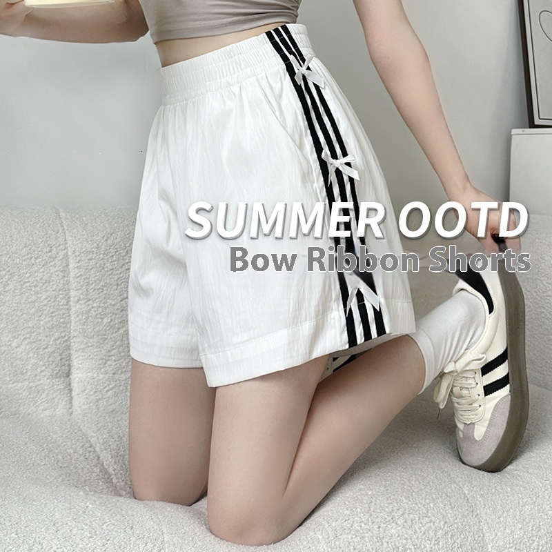 White bow sports shorts for women in summer, thin design, 2024 new wide leg casual quick drying striped five quarter pants