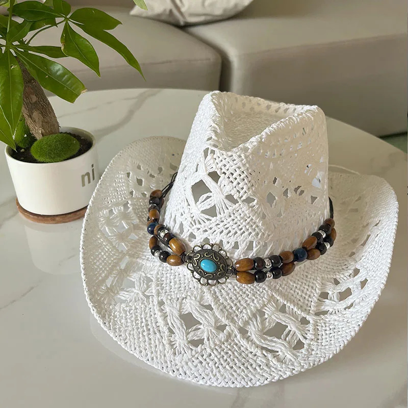 Vintage Summer Beach Bohemian Straw Hat Shell Womens Western Cowboy Hat Wooden Bead Hollow Sun Hat Holiday Hat 240924