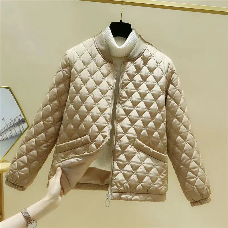 Spring Autumn Stand-up Collar Baseball Clothes Diamond Shaped Checkered Cotton Clothes Women Short Retro Loose Small Jacket 240914