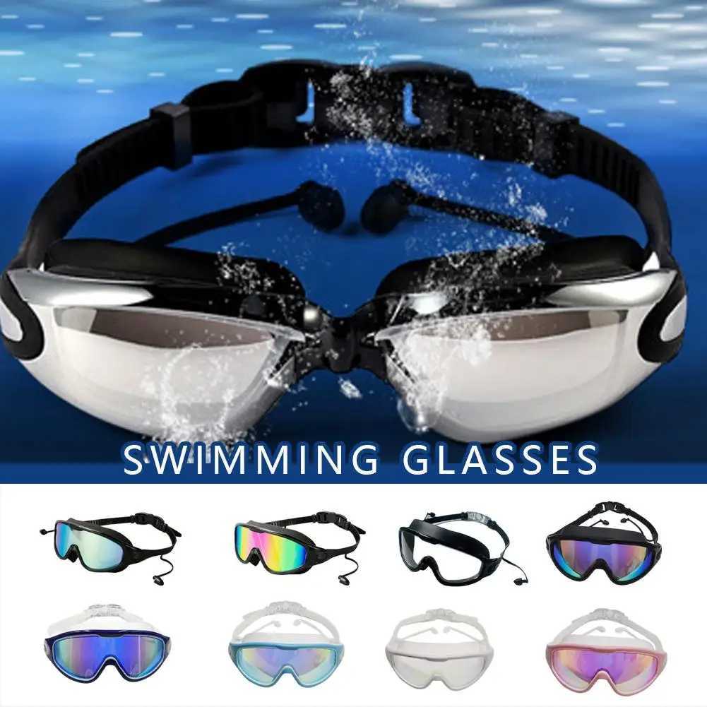 Adult integrated professional large frame swimming goggles electroplated lenses waterproof and anti fog lenses with ear clip glasses case CL240926
