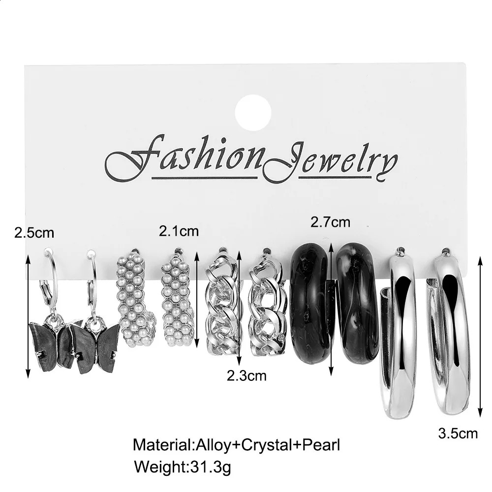 Fashion Gold Black Metal Resin Earring Set for Women Retro Geometric Round Pearl Heart Butterfly Pendant Earrings Jewelry 240925