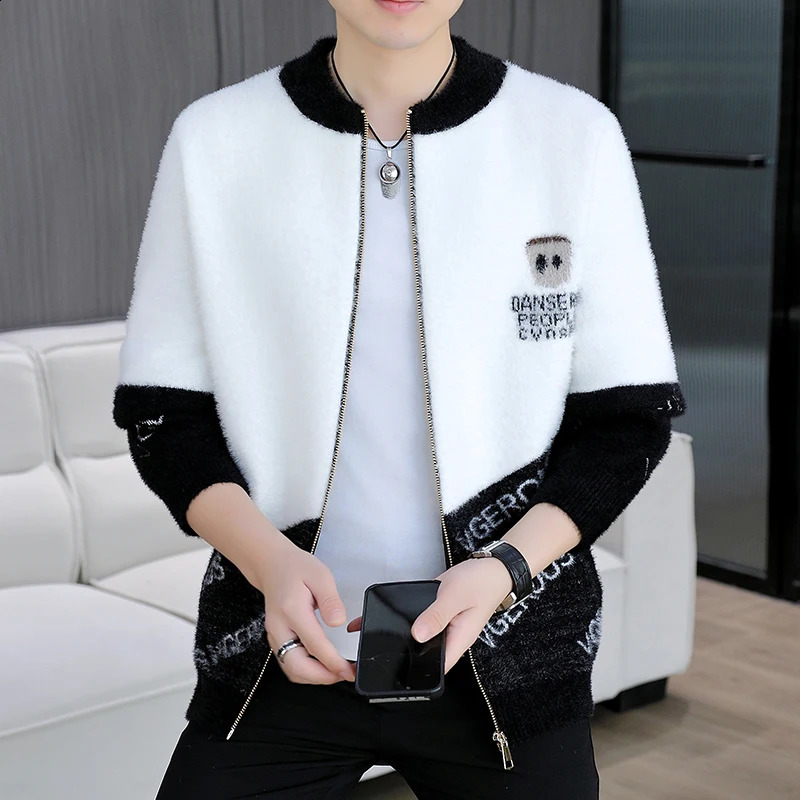 Mink Plush Thickened Round Neck cardigan Sweater Mens Autumn Winter Loose Print Patchwork Fashionable Knitted Zip Coat