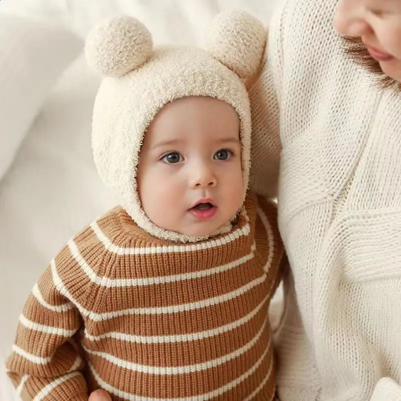 Cute baby hat soft fluffy girl boy Beanie solid winter childrens knitted warm ear protection 024M 240925