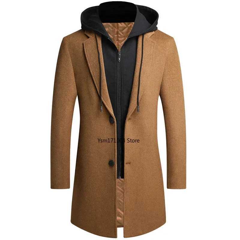 Winter New Mens Business Leisure Hooded Cashmere Coat Thickened Warm Leaf Two Piece Windproof Machine Grey Hooded Windproof Machine W240925