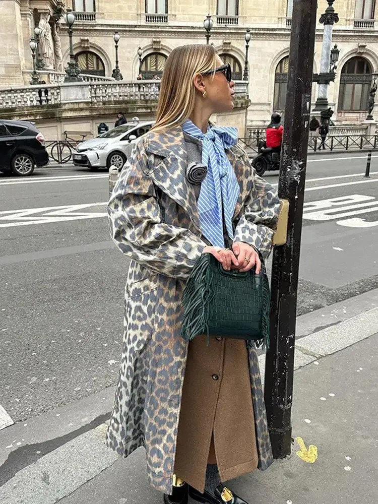 Vintage Leopard Print Single Breasted Long Overcoats Lapel Full Sleeve Pocket Loose Windbreak Coat Fashion Lady Commute Outwear 240918