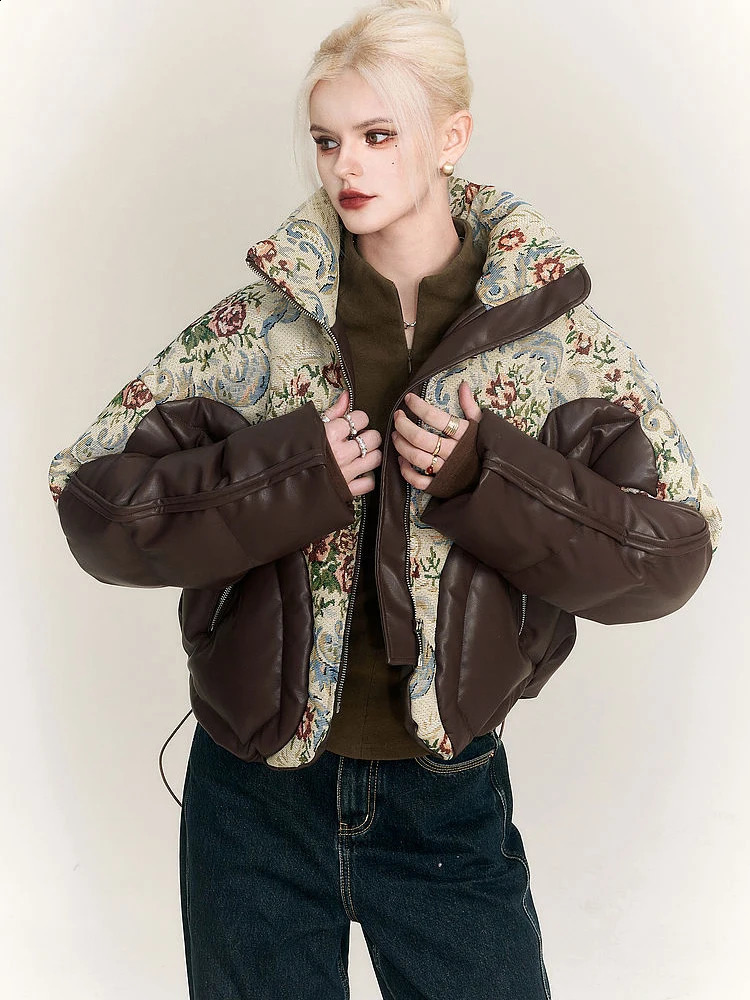 Winter Vintage Coat Womens Winter PU leather Parka Waterproof Embroidered Jacquard Jacket down Thick Warm Outerwear 240918