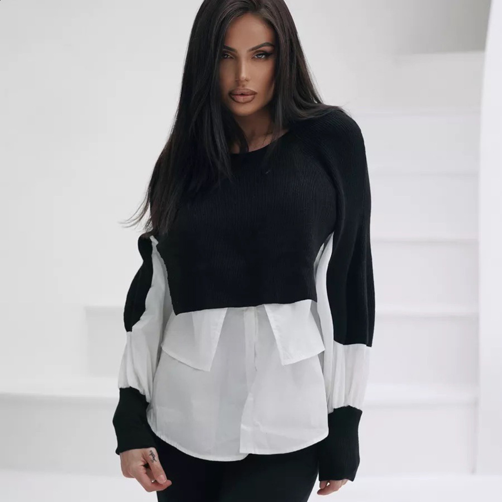 Autumn European Womens Sweater Splicing Shirt Two Piece Set Western Knitted Top 240926