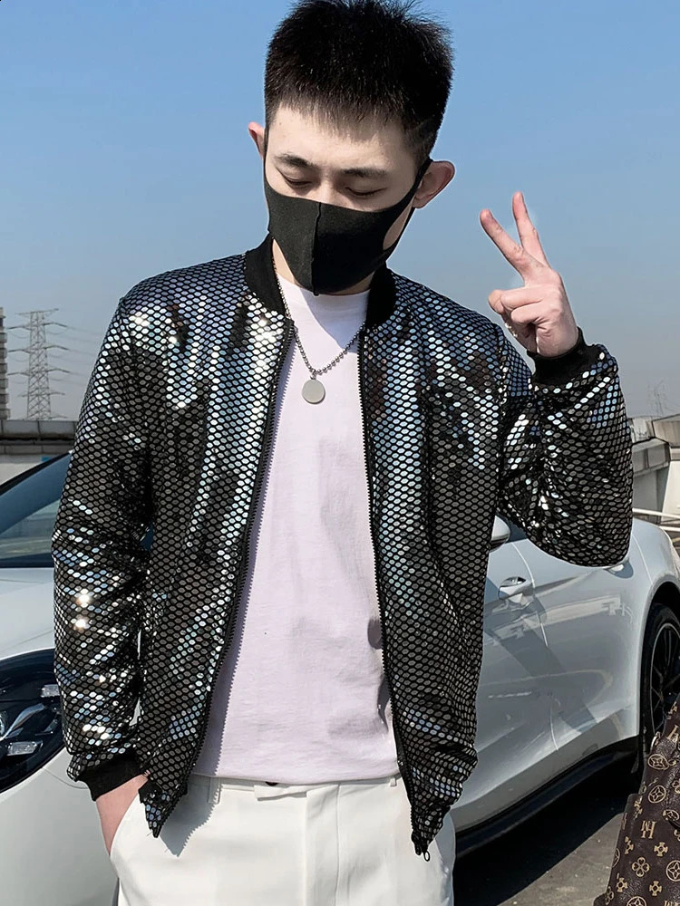 Fine Fashion Sequin Casual Mens Slim Jacket Lightweight Standup Collar Coat Bomber 240924