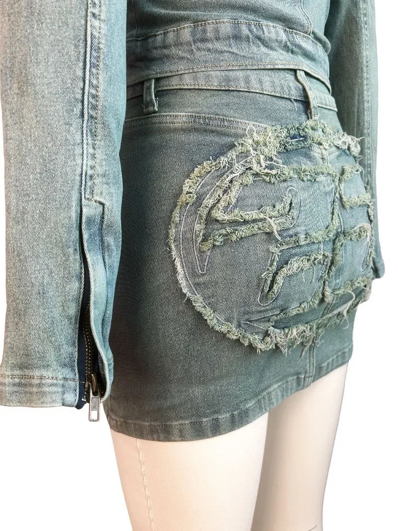 Tassel Letter Embroidery Denim 2 Piece Set Women Autumn Stand Collar Long Sleeve Zipper Jacket Tops Mini Skirts Jeans Suits 240923