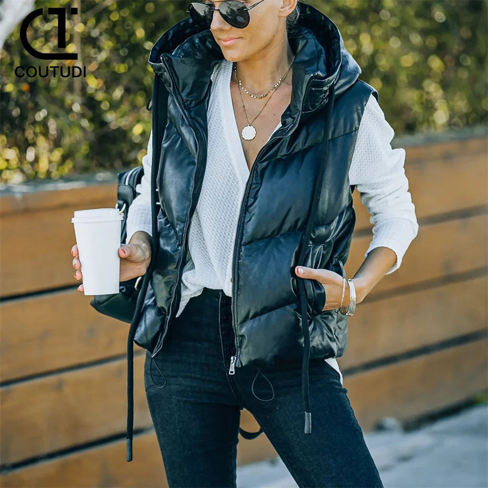 COUPUDI-PU leather fluffy womens vest black hooded park short sleeved jacket sleeveless belt womens fashion 240925