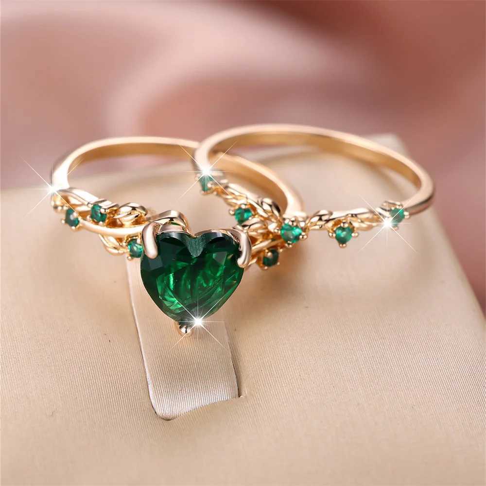 Royal Blue Green Black Redstone Heart Ring Set suitable for women roses gold white zircon wedding bands Mothers Day jewelryXJ250412