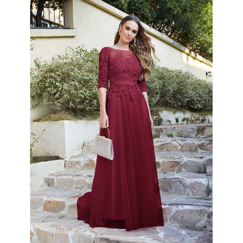 Elegant A e Tulle Long Bridesmaid Dresses For Women Half Sleeve Lace Applique Bury High Split Guest Party Gowns CPS470