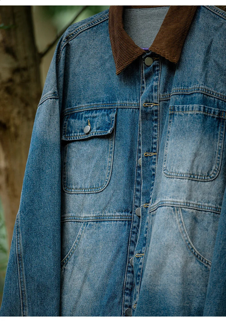 Retro washed old denim jacket mens autumn style Japanese loose patchwork n warm 240921