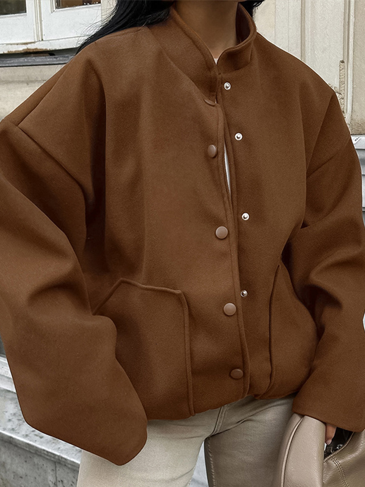 Retro Casual Woolen Button Brown Coats Women Loose Stand Collar Jackets With Pockets Female Autumn Chic High Street Outwear