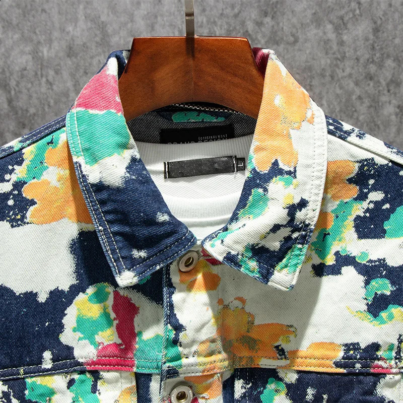 Mens Forest Camouflage Print Denim Jacket Loose Turn Down Collar Cargo Jean Coat Pockets Outerwear 240913