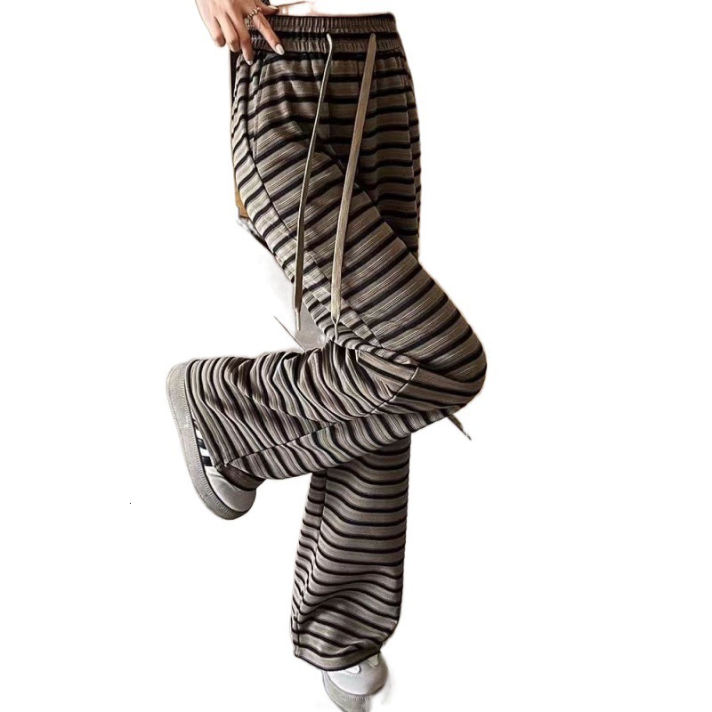 Striped casual wide for women in the summer of 2024, high waisted, loose and fashionable Korean version, trend slimming straight leg floor length pant