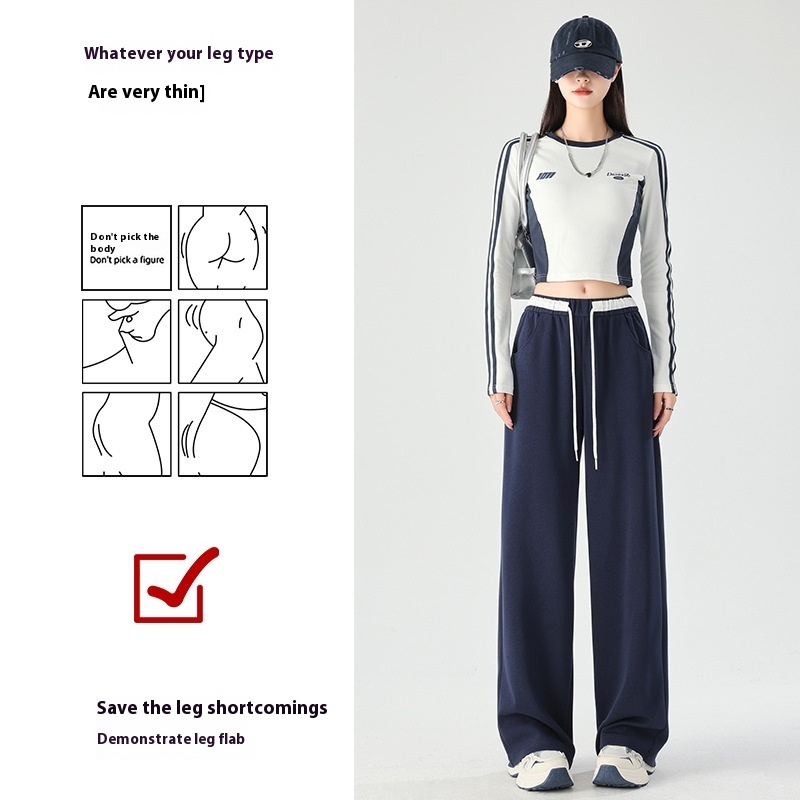 Color blocking American sports for women's autumn and winter sweatpants, high waisted loose design, lace up pants, casual straight wide leg pants