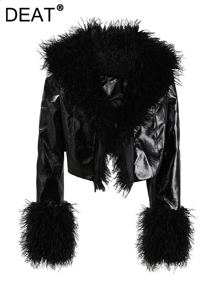 DEAT Fashion Womens Short Coat Flip Collar Simulated Sheepskin Gloss Patent Leather Patch Work Short Thin Coat Spring 11X6155 240923