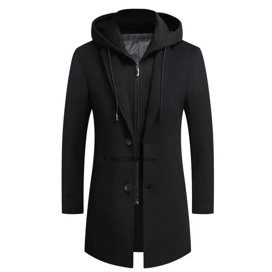 Winter New Mens Business Leisure Hooded Cashmere Coat Thickened Warm Leaf Two Piece Windproof Machine Grey Hooded Windproof Machine W240925