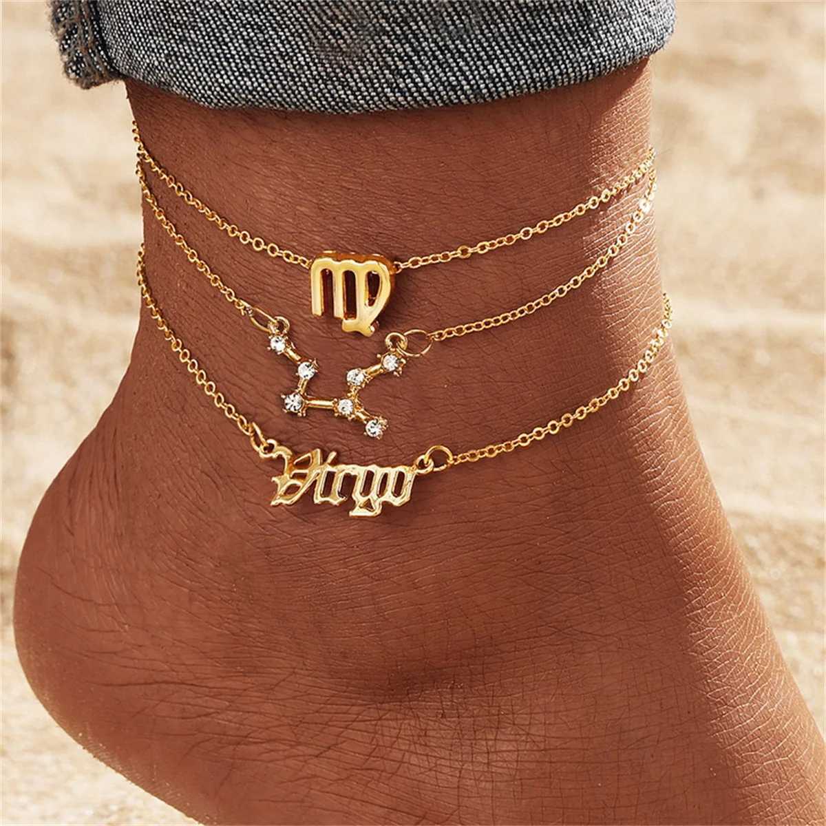 3Pcs/Set 12 Constellation Anklets For Women Gold Color Zodiac Signs Ankle Bracelet Barefoot Chain Summer BirtHDay Party JewelryX240926