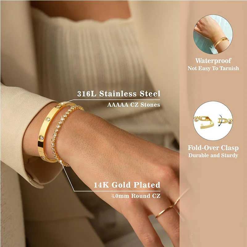 Stackable gold bracelet bracelet suitable for girls 14K gold-plated cubic zirconia tennis bracelet stainless steel jewelry gift W240925