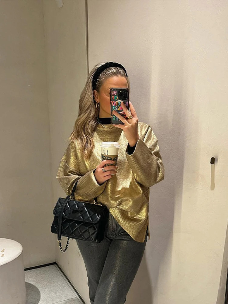 Knitted Solid Women Top Sweater Long Sleeve Split Female Pullover 2024 Autumn Fashion Loose O Neck Golden Female Shinny Sweaters 240925