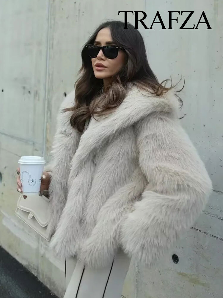 TRAFZA Women's Fashion Faux Fur Cropped Coat Autumn Winter Lapel Long Sleeve Thick Warm Jacket Female Chic Outerwear